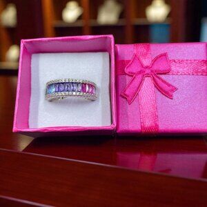 Rainbow Baguette Eternity Ring Silver Plated Size 6 Pride Y2K Bling Statement Gi